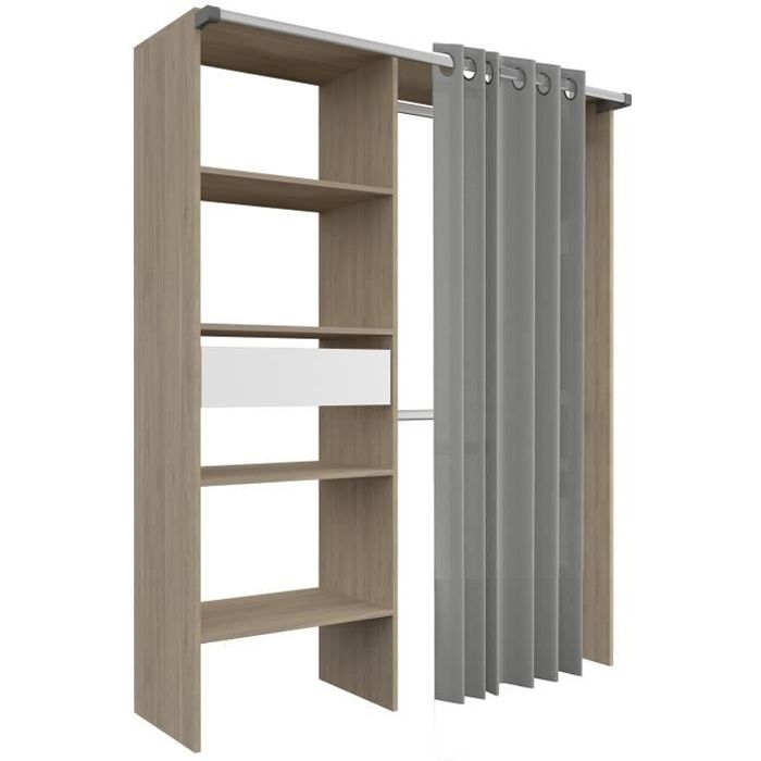 Dressing ARTIC - L143,5 x P48 x H181,9 cm - Décor Chene + rideau - Made in France