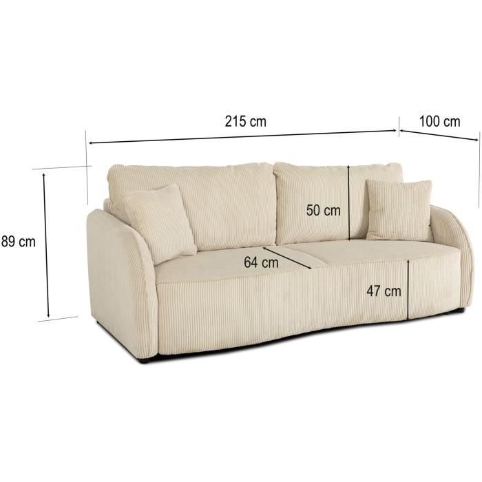 Canapé convertible 3 places - BARI - Velours cotelé - Perle - Coffre de rangement - 215 x 89 x 100 cm