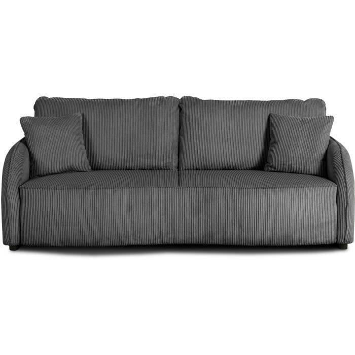 Canapé convertible 3 places - BARI - Velours cotelé - Anthracite - Coffre de rangement - 215 x 89 x 100 cm