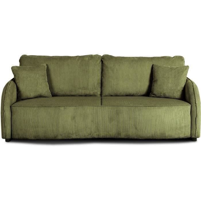 Canapé convertible 3 places - BARI - Velours cotelé - Kaki - Coffre de rangement - 215 x 89 x 100 cm