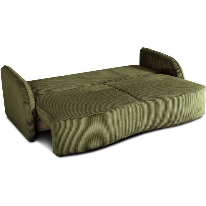 Canapé convertible 3 places - BARI - Velours cotelé - Kaki - Coffre de rangement - 215 x 89 x 100 cm