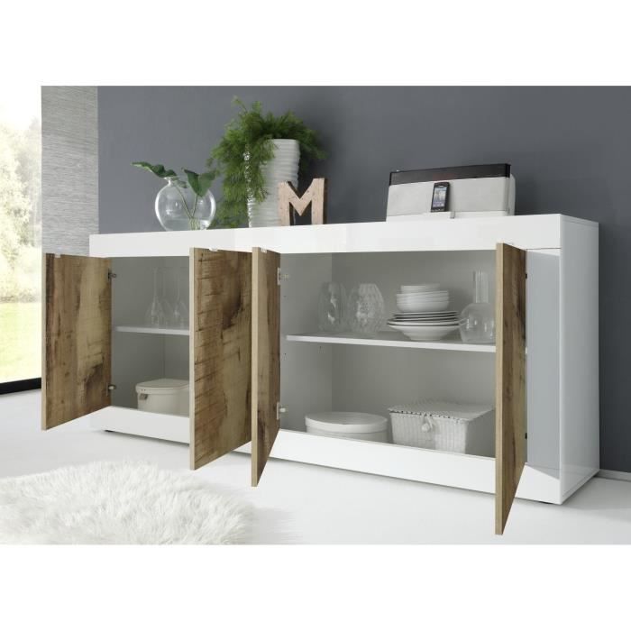 Buffet - BASICO - 4 portes - Blanc décor chene Pero - 207 x 86 x 43 cm