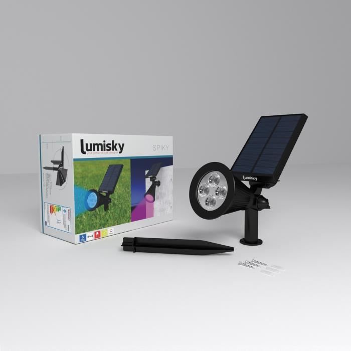 Pack de 2 Spots solaires extérieur étanches - LUMISKY - 4 LEDs colorées RGB - 200 Lumens - Tete pivotante a 90°C