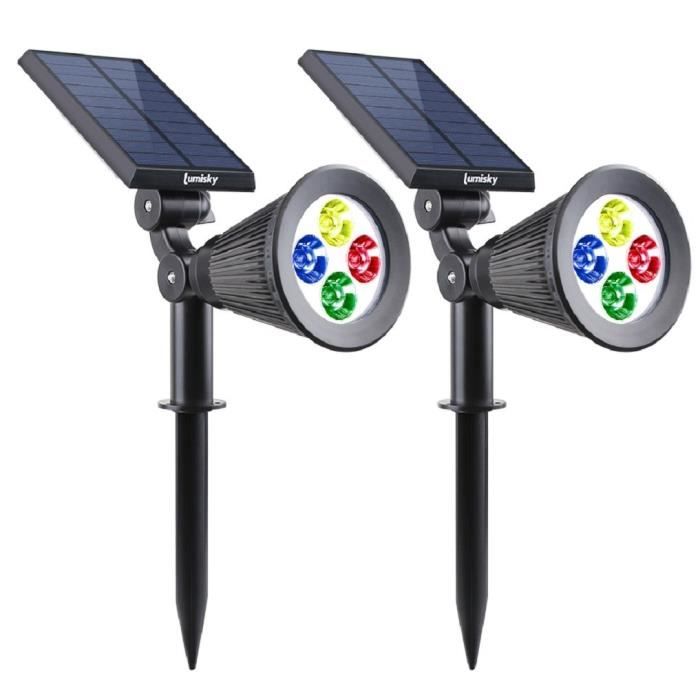 Pack de 2 Spots solaires extérieur étanches - LUMISKY - 4 LEDs colorées RGB - 200 Lumens - Tete pivotante a 90°C