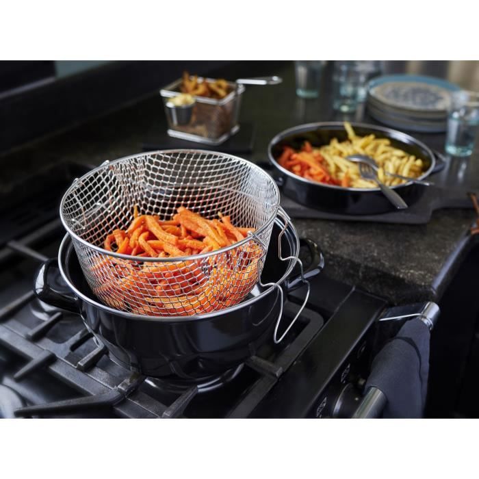 Friteuse Èmail 26 cm noire avec panier et couvercle verre