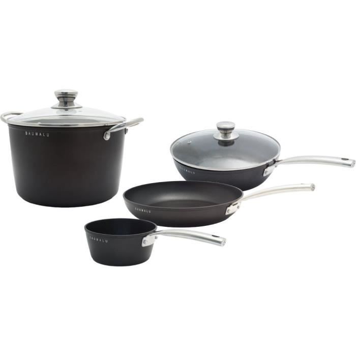 Batterie de cuisine - Tous feux dont induction - Baumalu - Aluminium forgé - Anti-adhésif - 4 pieces - Noir