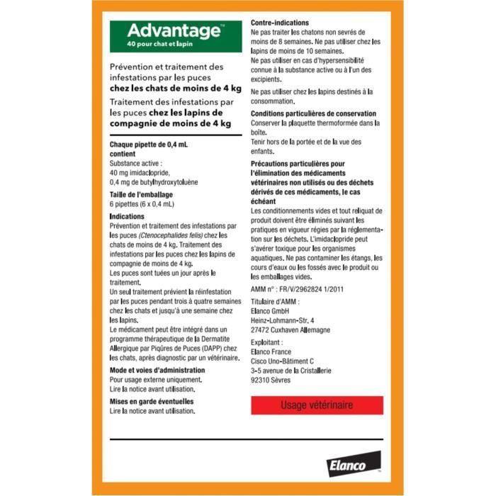 Advantage Solution Antipuce Chat Lapin 1 a 4kg 6 pipettes
