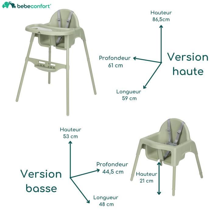 BEBECONFORT Meely Chaise haute bébé 2 en 1, évolutive en petite chaise, De 6 mois a 3 ans (15kg), Mineral Green