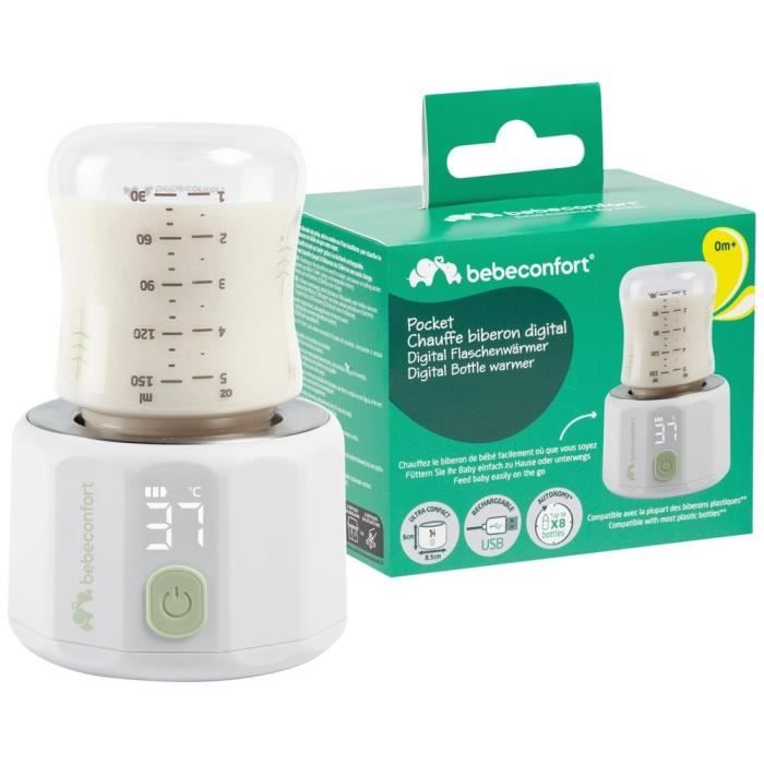 BEBECONFORT Chauffe biberon digital de poche, rapide, format voyage, ultra compact, écran lcd, 4 niveaux de température
