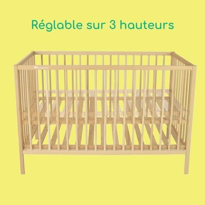 BEBECONFORT Poppy, Lit a barreaux Bois Naturel, 3 niveaux ajustables, 60x120 cm, des la naissance jusqu'a 3 ans