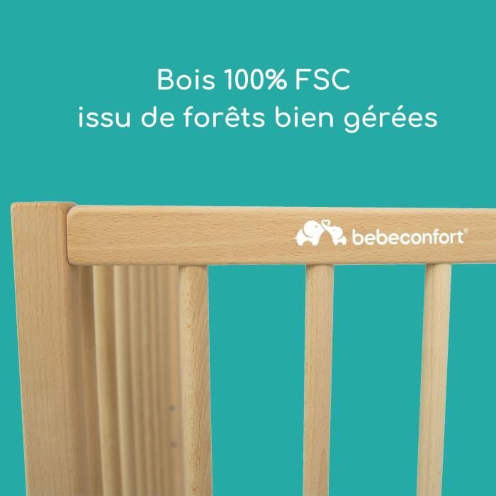 BEBECONFORT Poppy, Lit a barreaux Bois Naturel, 3 niveaux ajustables, 60x120 cm, des la naissance jusqu'a 3 ans