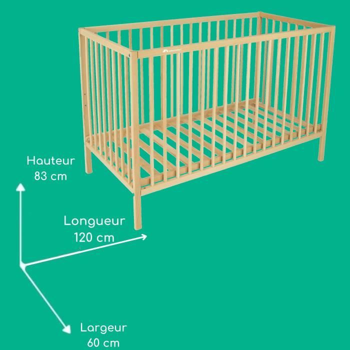 BEBECONFORT Poppy, Lit a barreaux Bois Naturel, 3 niveaux ajustables, 60x120 cm, des la naissance jusqu'a 3 ans