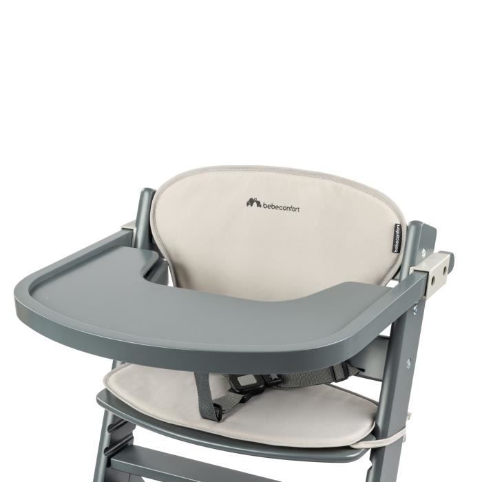 BEBECONFORT Timba + coussin, Chaise haute bébé, Chaise bois, De 6 mois a 10 ans (30kg), Gray Mist