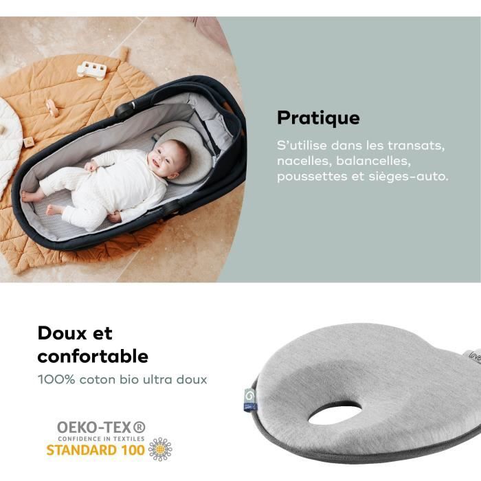 BABYMOOV Support de tete morphologique pour bÈbÈ Lovenest Original, coton bio certifiÈ oeko-Tex, lavable en machine, smokey