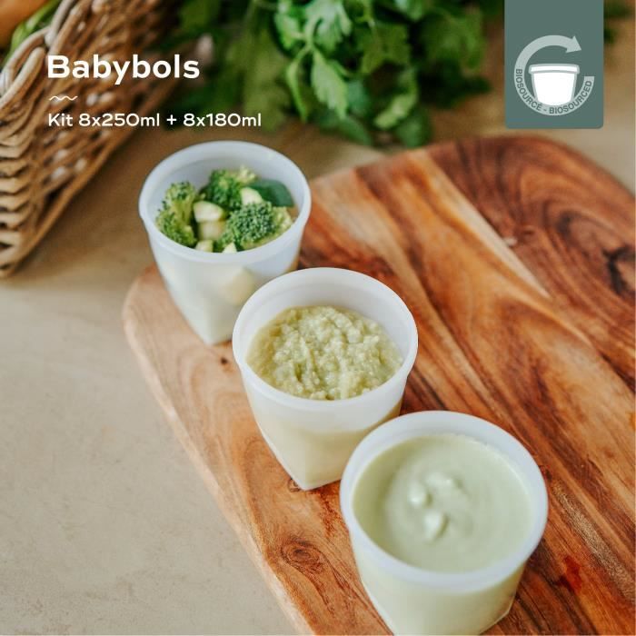 Pots de conservation Babymoov Babybols BiosourcÈs - Lot de 8x180ml + 8x250ml - GraduÈs en ml et oz