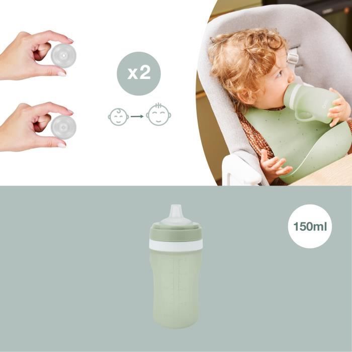 Babymoov - Gourde Enfant 150ml Silicone - Anti Fuites - Paille Intégrée x2 Tailles - Poignée - Ergonomique - Des 6 Mois