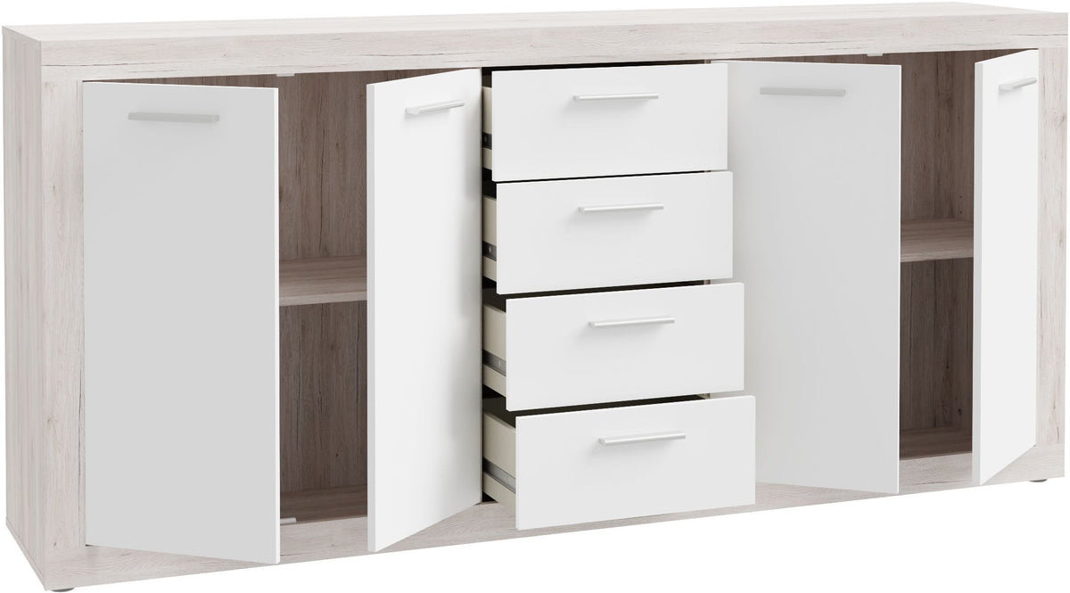 Buffet - BACCIO - Chene / Blanc mat - 4 portes - 4 tiroirs - 197,1 x 41 x 91,9 cm