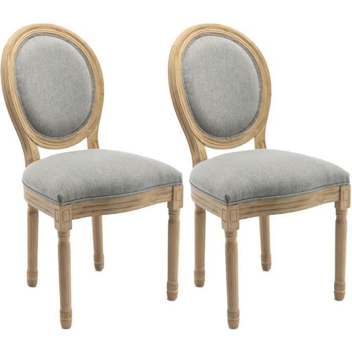 GRETA Lot de 2 chaises mÈdaillon - Pied bois - Tissu Gris - L 49 x P 56 x H 96 cm