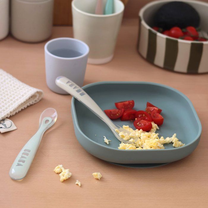 Lot de 4 cuilleres - BEABA - 1er âge - En silicone - Set Galet / Bleu nuage / Bleu baltique / Argile