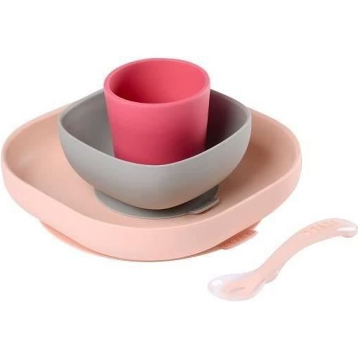 Coffret repas Silicone BÈbÈ - BEABA - Avec Ventouse - Anti-dÈrapant - 4 Pieces - Rose