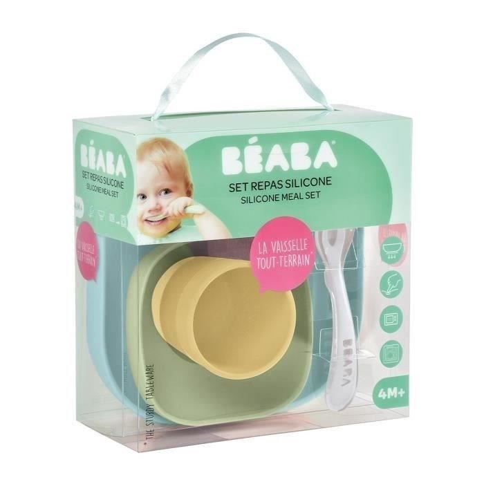 BEABA Set vaisselle silicone repas bébé, 4 pieces, avec ventouse, anti-dérapant, jaune