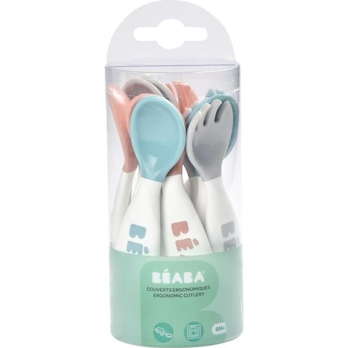 BÉABA, Set Premiers Couverts ergonomiques, 6 Cuilleres et 4 Fourchettes, Manche court et arrondis, Prise en main facile pour Bébé