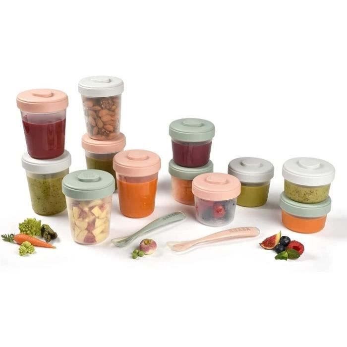 BÉABA - Lot 12 Portions Conservation et 2 Cuilleres Silicone - Pack 1er Repas - Eucalyptus