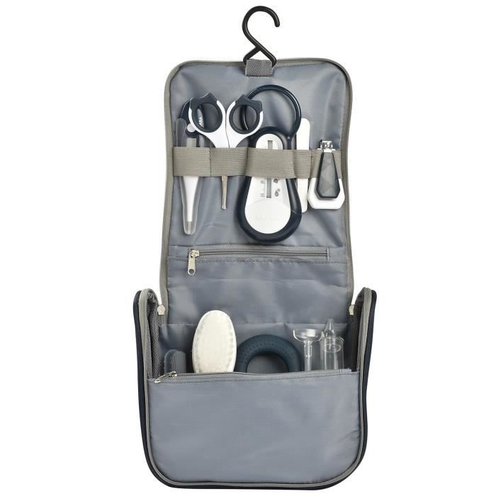 BÉABA - Trousse de Toilette Bébé - 9 Accessoires - Thermometre Bain et Digital - Anneau Dentition - Masseur de Gencives - Night Blue