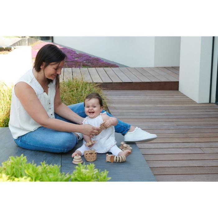 BEBECONFORT Coffret Cadeau D'eveil Jouet En Bois :Jouet A Rouler Lion + Hochet Grelot Tigre + Hochet Gling-Gling - Hippo