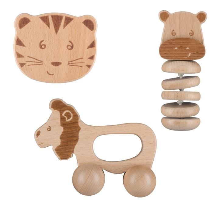 BEBECONFORT Coffret Cadeau D'eveil Jouet En Bois :Jouet A Rouler Lion + Hochet Grelot Tigre + Hochet Gling-Gling - Hippo