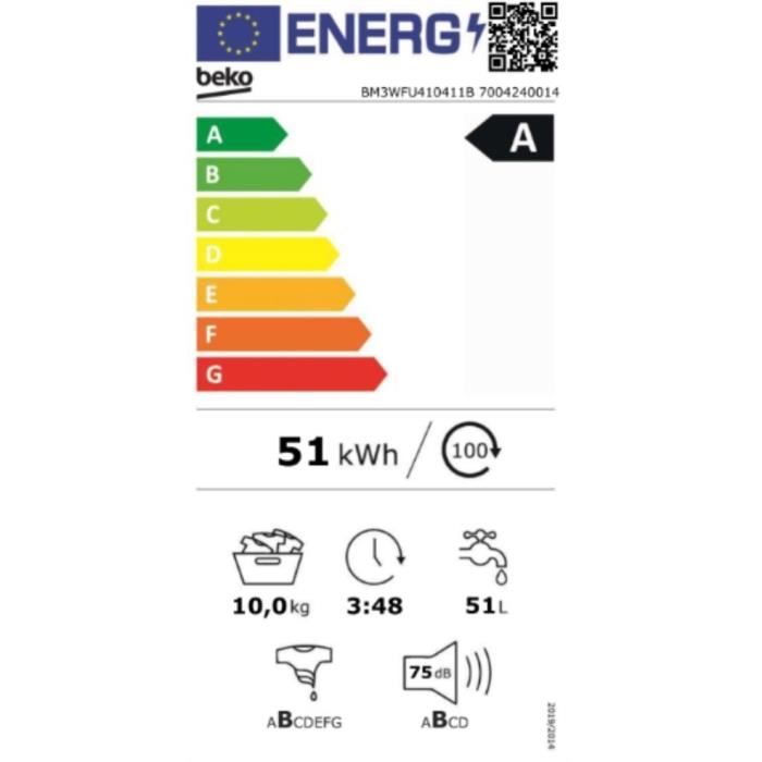 Lave-linge hublot BEKO Série b300 BM3WFU410411B - 10 kg - Induction - L60cm - 1400 trs/min - Classe A - Blanc