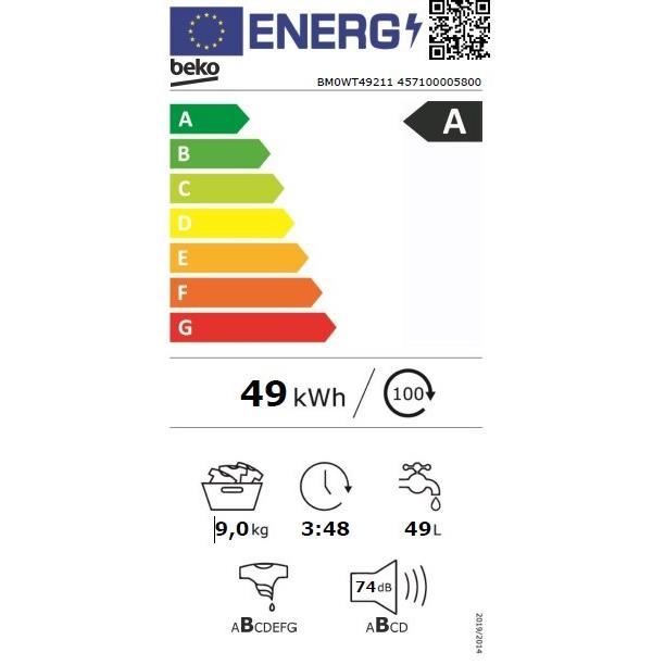 Lave-linge hublot BEKO BM0WT49211 - 9 kg - Induction - L60cm - 1200 trs/min - Classe A - Blanc