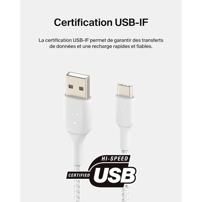 Câble tressé - BELKIN - USB-C vers USB-A - 0,15 m - Blanc