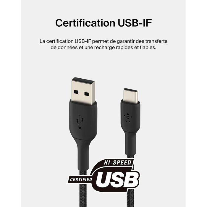 Câble tressé - BELKIN - USB-C vers USB-A - 1 m - Noir