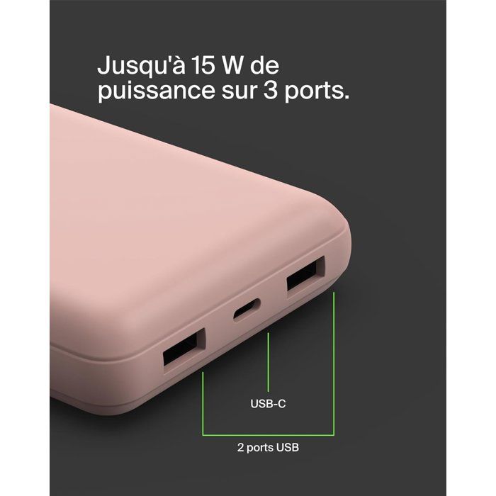 Batterie externe - BELKIN - 20 000 mAh - USB-A & USB-C - 15 W - Rose