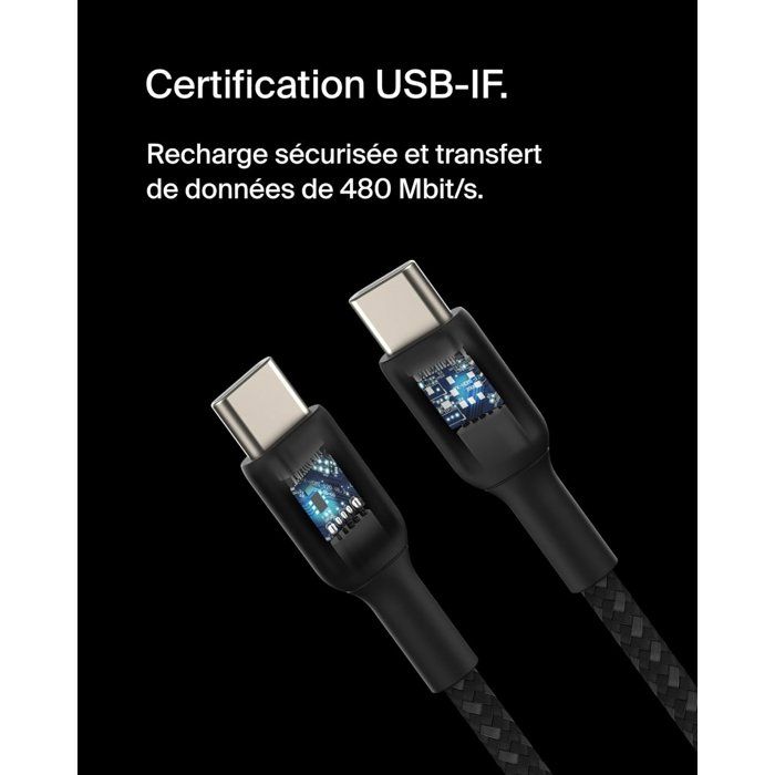 Câble tressé - BELKIN - USB-C vers USB-C - 0,15 m - Noir