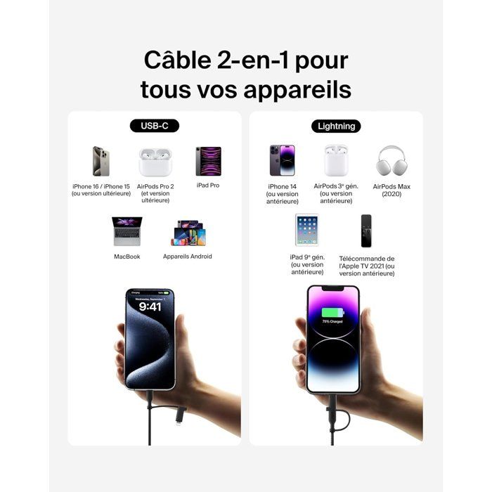 Câble 2-en-1 - BELKIN - USB-C et Lightning - Noir