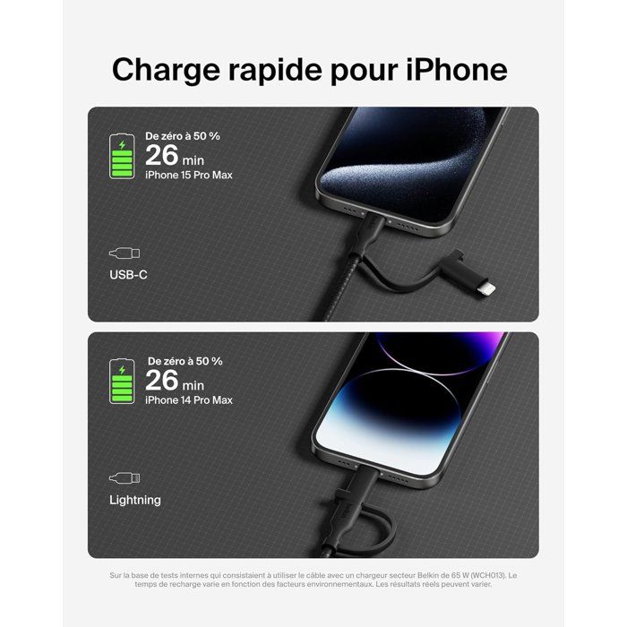 Câble 2-en-1 - BELKIN - USB-C et Lightning - Noir