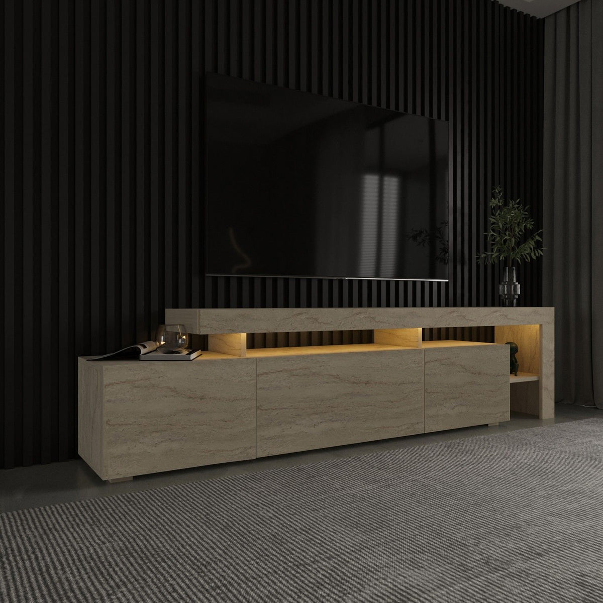 Meuble TV avec éclairage LED - BELIZ - Marbre travertin - 192 x 53 x 37 cm