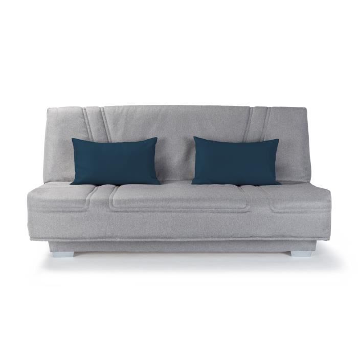 COMFORT BULTEX Banquette clic-clac - 3 places - Tissu gris + Coussins dÈco bleu - L193 x