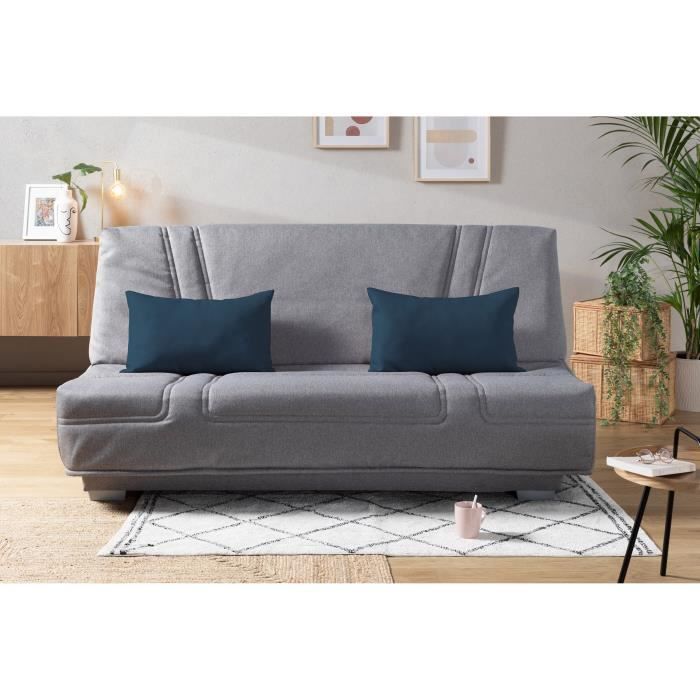 COMFORT BULTEX Banquette clic-clac - 3 places - Tissu gris + Coussins dÈco bleu - L193 x