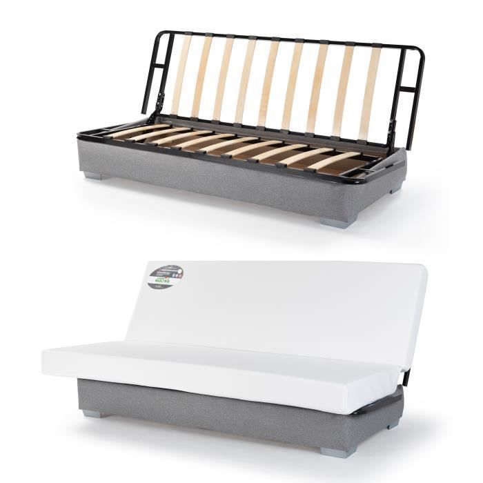 COMFORT BULTEX Banquette clic-clac - 3 places - Tissu gris + Coussins dÈco bleu - L193 x