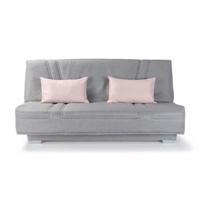 COMFORT BULTEX Banquette clic clac - Tissu Gris + Coussins déco rose - L193 x P95 cm