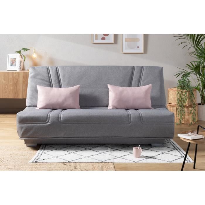 COMFORT BULTEX Banquette clic clac - Tissu Gris + Coussins dÈco rose - L193 x P95 cm