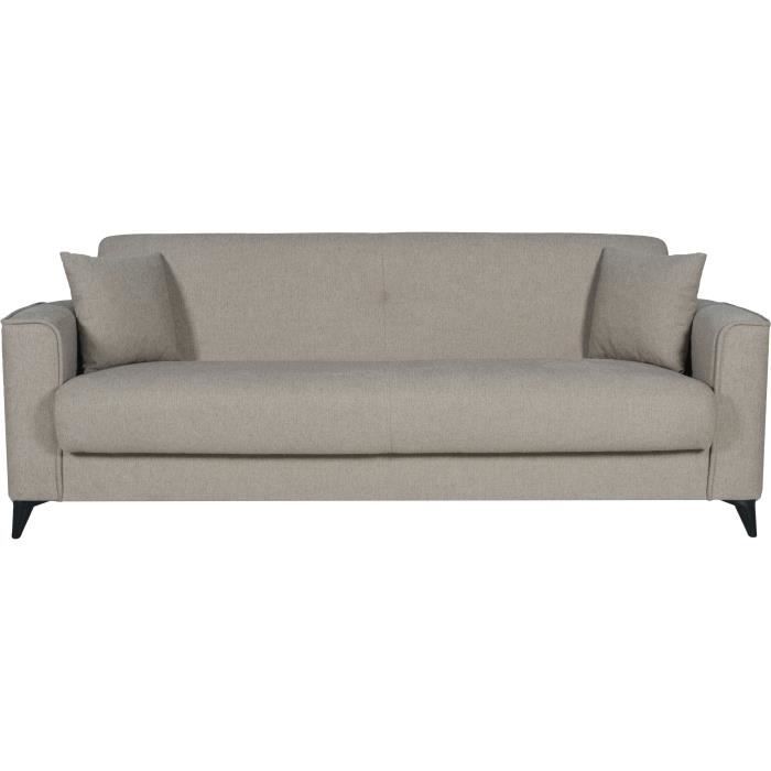 CanapÈ convertible 3 places - BERGAMO - Tissu beige - 2 coussins - coffre de rangement - 230 x 85 x 89 cm