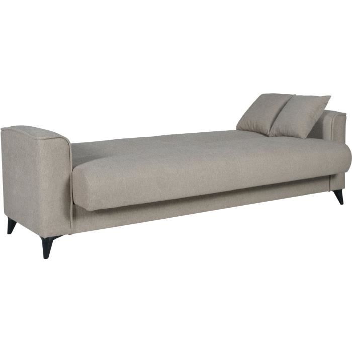CanapÈ convertible 3 places - BERGAMO - Tissu beige - 2 coussins - coffre de rangement - 230 x 85 x 89 cm
