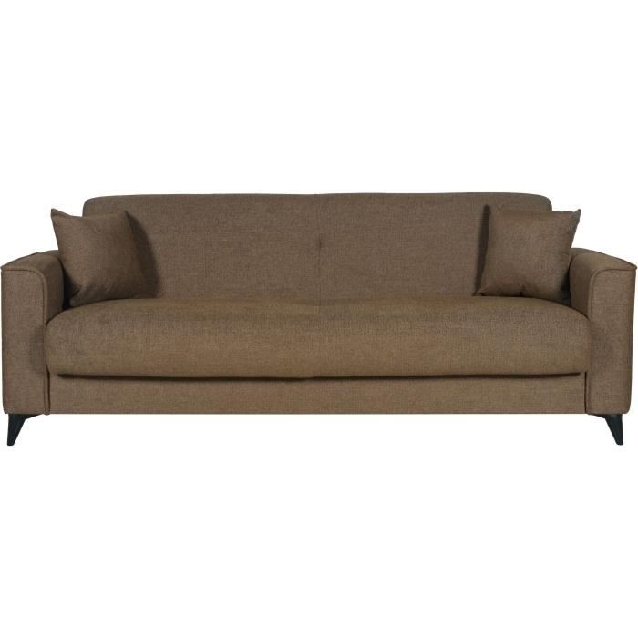 CanapÈ convertible 3 places - BERGAMO - Tissu marron - 2 coussins - coffre de rangement - 230 x 85 x 89 cm