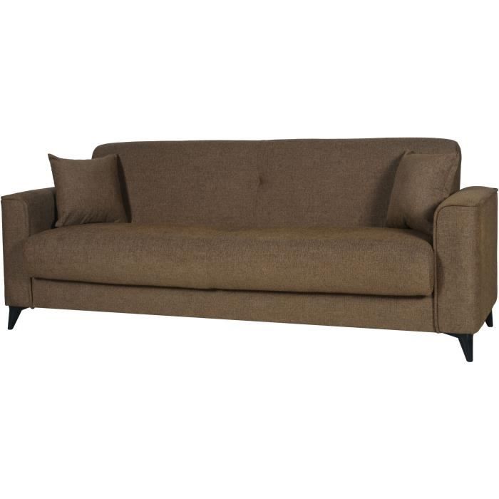 CanapÈ convertible 3 places - BERGAMO - Tissu marron - 2 coussins - coffre de rangement - 230 x 85 x 89 cm