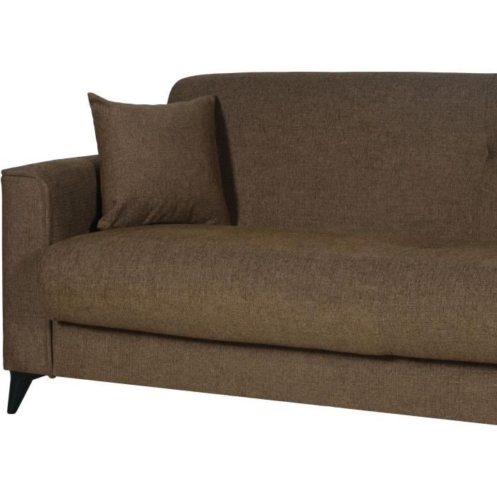 CanapÈ convertible 3 places - BERGAMO - Tissu marron - 2 coussins - coffre de rangement - 230 x 85 x 89 cm