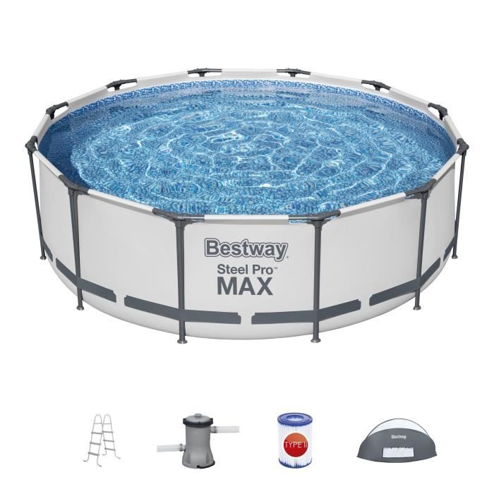 Kit Piscine hors sol tubulaire BESTWAY - Steel Pro Maxô - 366 cm x 100 - Ronde (Pompe de filtration, Èchelle, auvent)